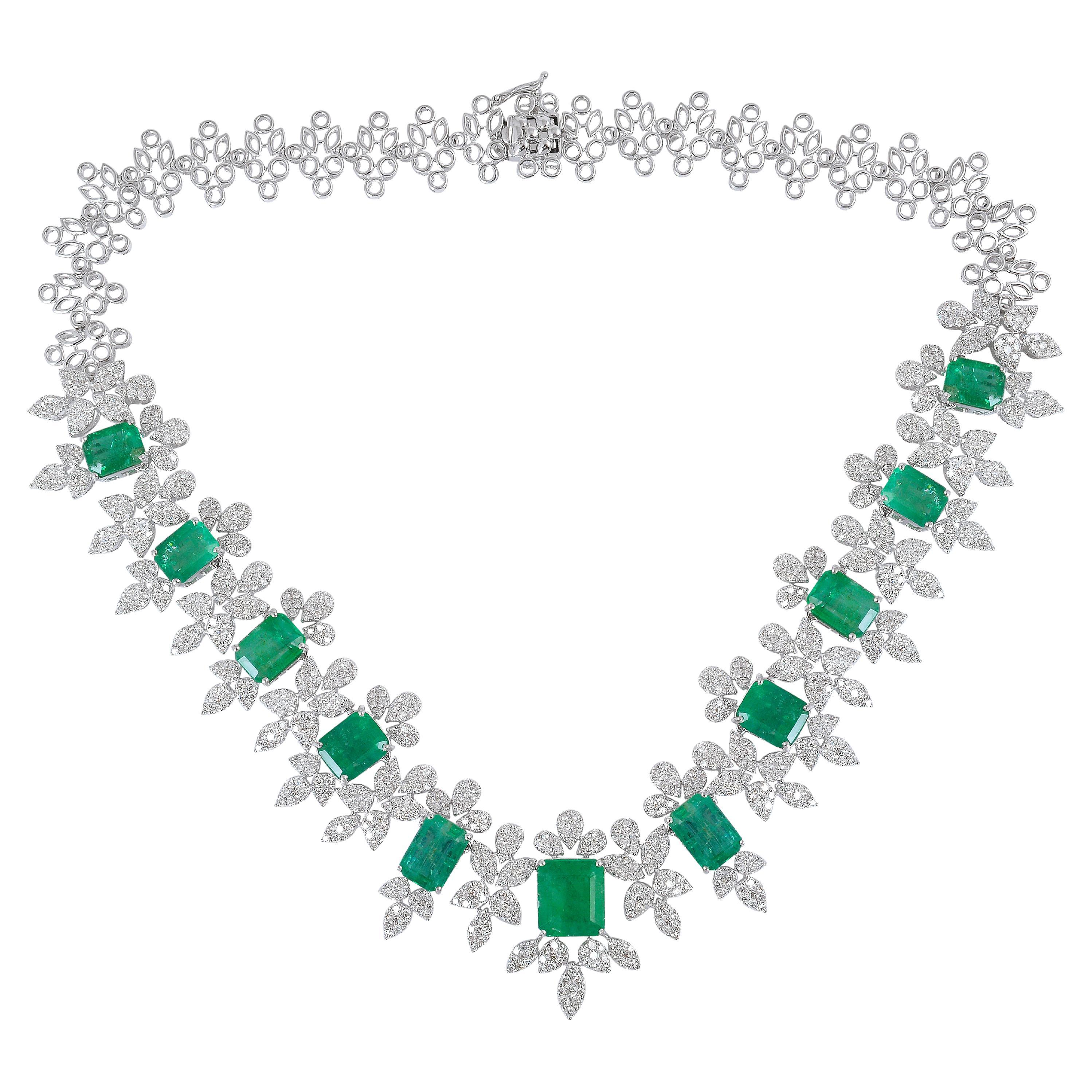 Natural Emerald Gemstone Necklace Diamond Pave 14 Karat White Gold Fine Jewelry For Sale