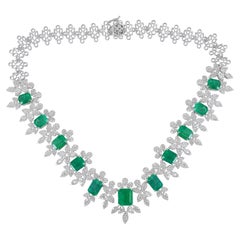 Natural Emerald Gemstone Necklace Diamond Pave 14 Karat White Gold Fine Jewelry