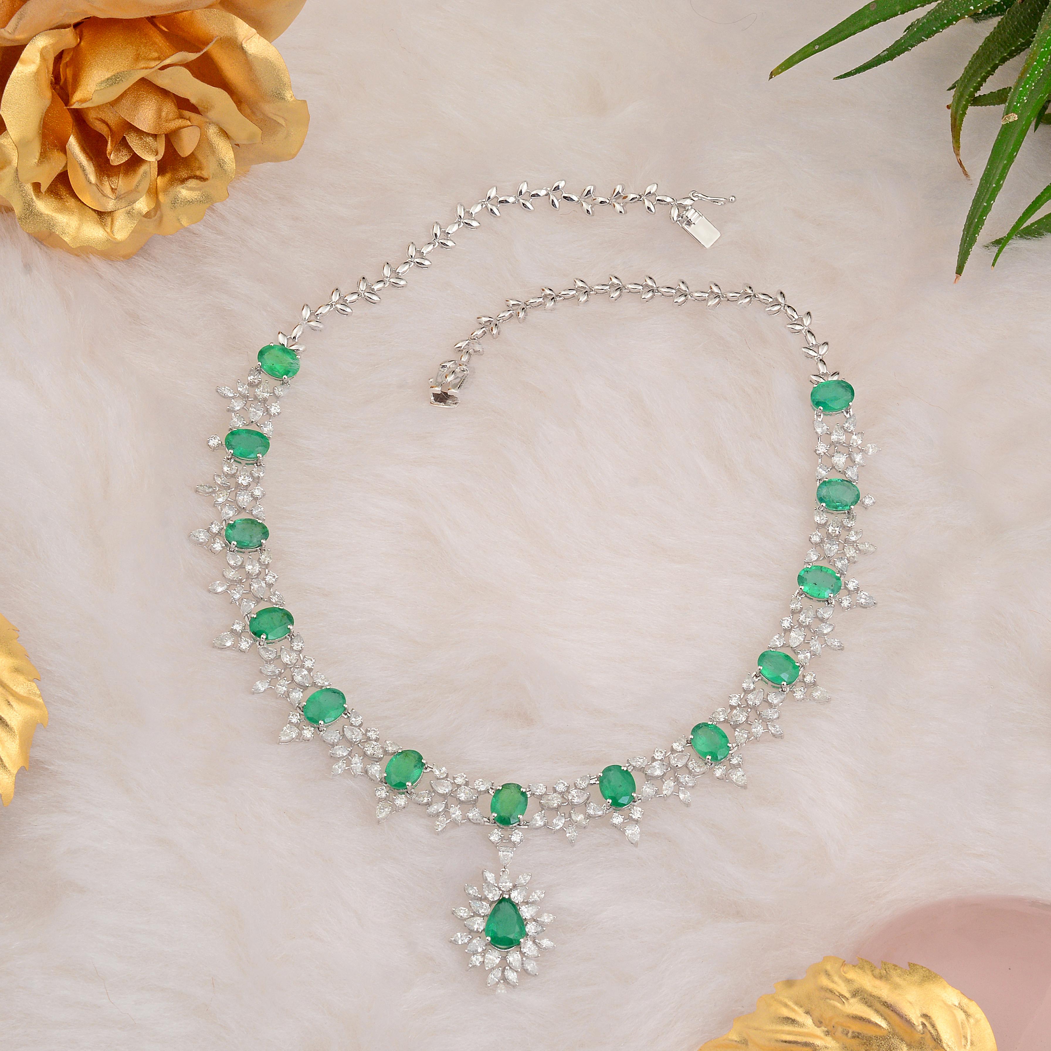 Octagon Cut Natural Emerald Gemstone Pendant Necklace Diamond 14k White Gold Fine Jewelry For Sale