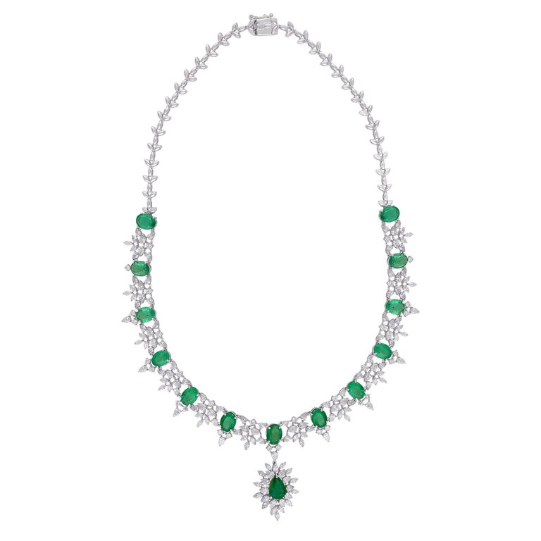 Natural Emerald Gemstone Pendant Necklace Diamond 14k White Gold Fine