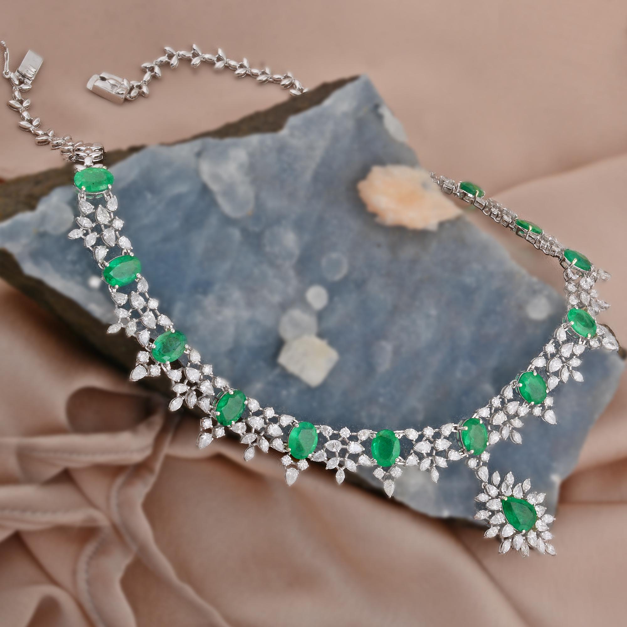Octagon Cut Real 16.48 carat Emerald Gemstone Pendant Necklace 12 Ct. Diamond 18k White Gold For Sale