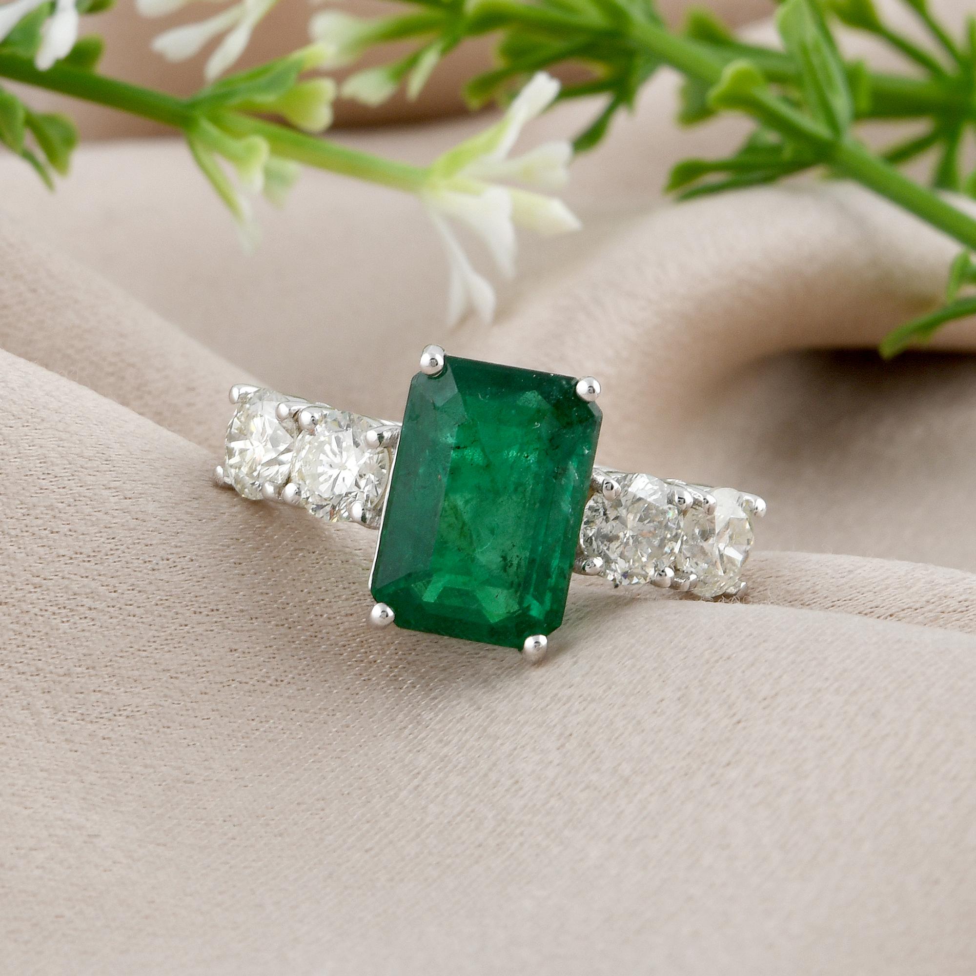 Modern Natural Emerald Gemstone Ring Diamond 14 Karat White Gold Handmade Fine Jewelry For Sale