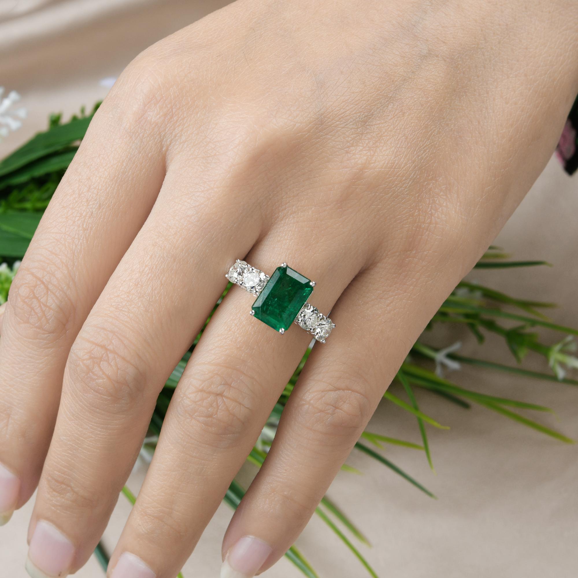 Emerald Cut Natural Emerald Gemstone Ring Diamond 18 Karat White Gold Handmade Fine Jewelry For Sale