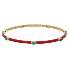 Real Oval Emerald Gemstone Sleek Bangle Bracelet 14 Karat Yellow Gold Jewelry