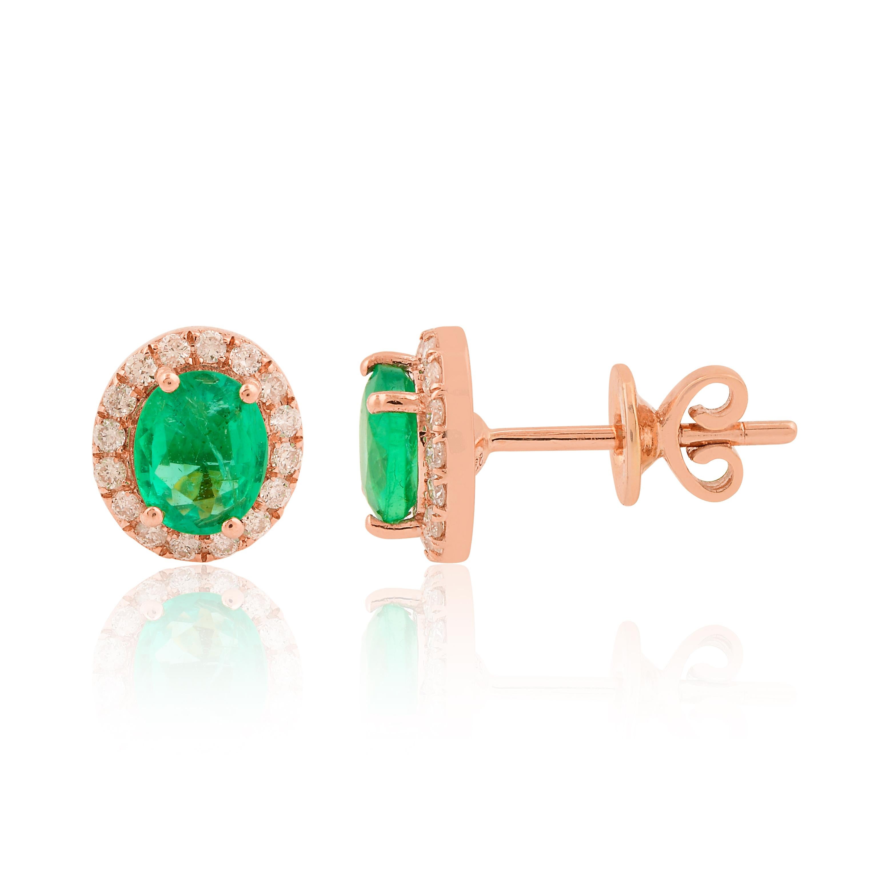 Indulge in the timeless elegance of these Natural Emerald Gemstone Stud Earrings, adorned with diamonds, set in exquisite 10 Karat Rose Gold. Crafted with meticulous attention to detail, these earrings boast a sophisticated design that effortlessly