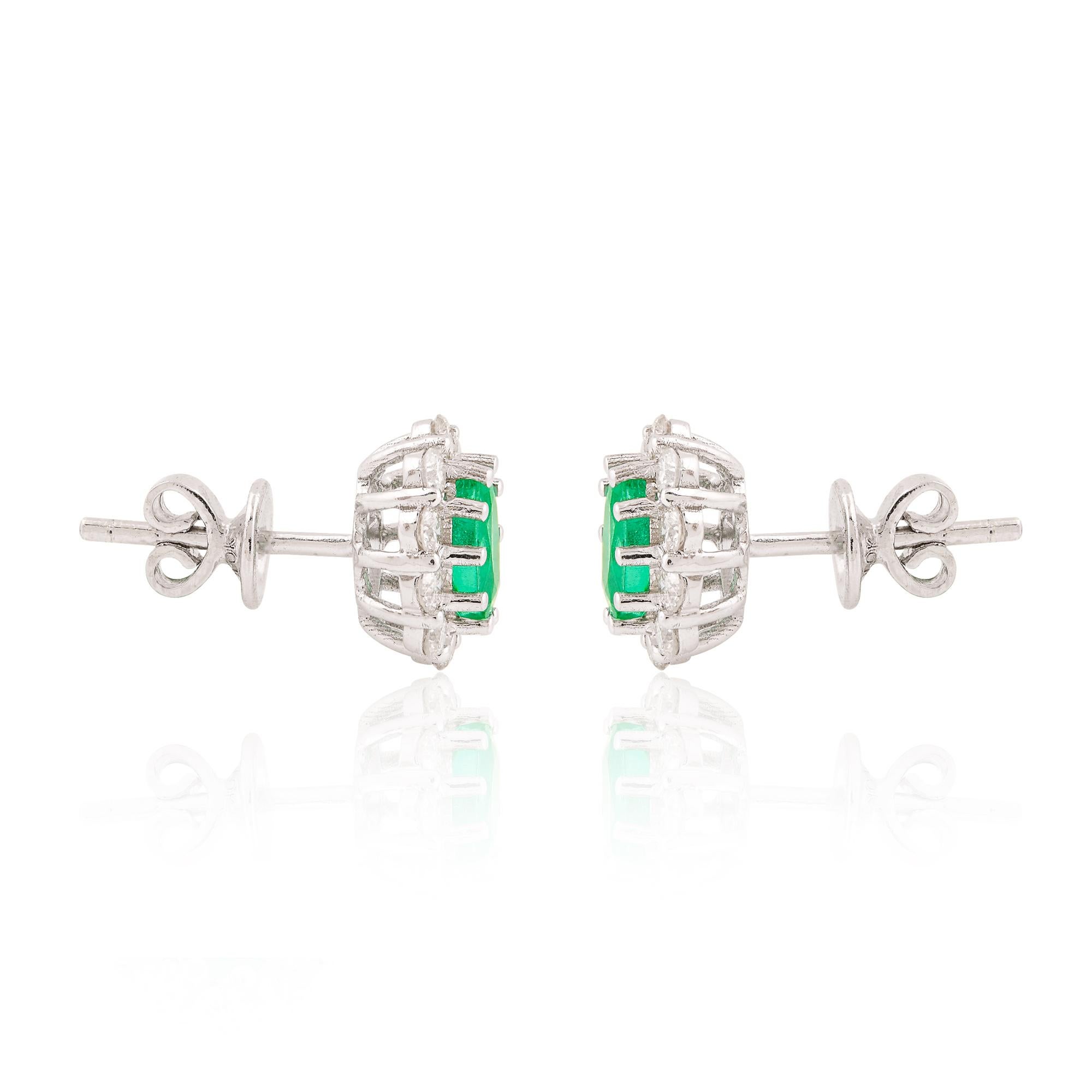 Women's Natural Emerald Gemstone Stud Earrings Diamond 10 Karat White Gold Fine Jewelry For Sale