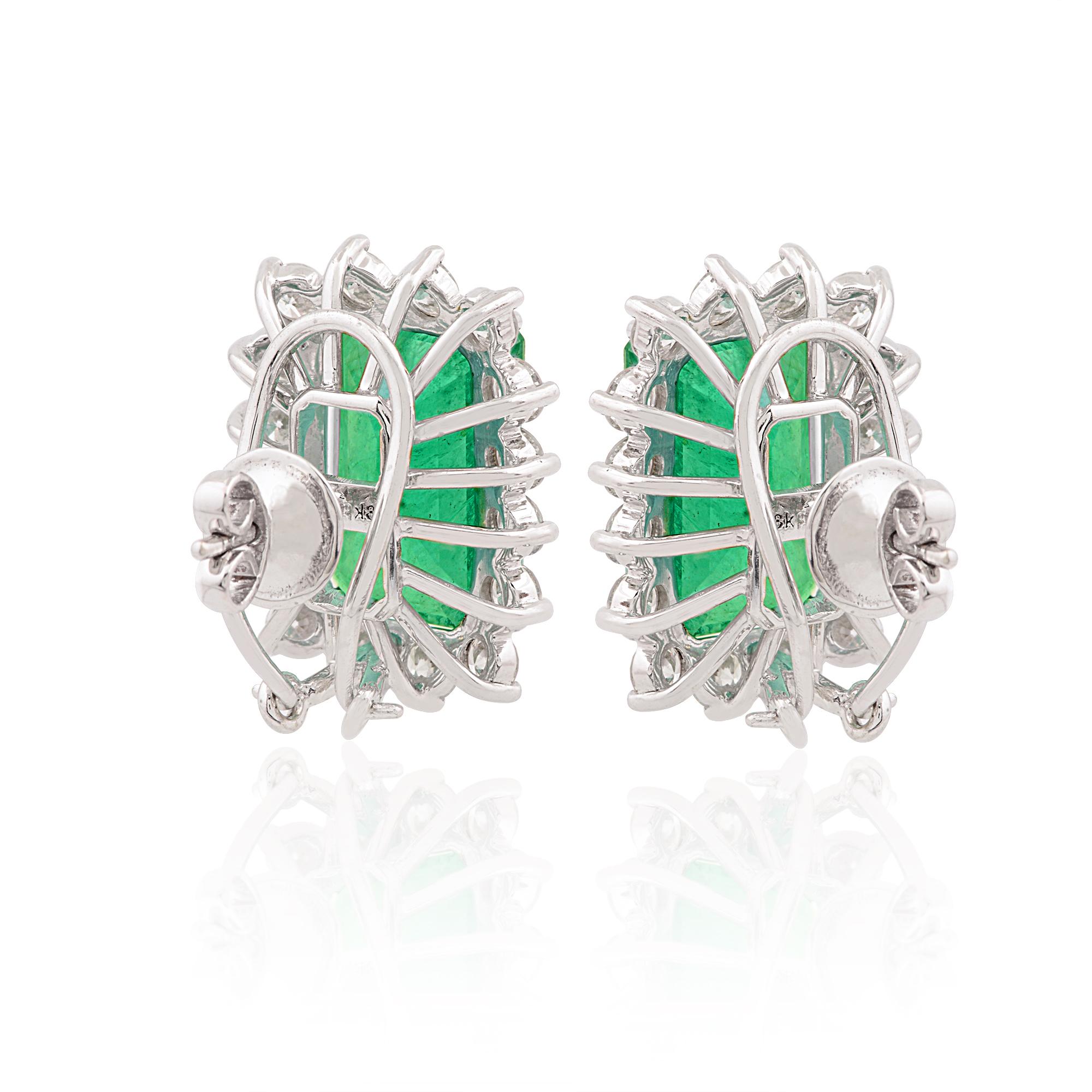Women's Natural Emerald Gemstone Stud Earrings Diamond 14k White Gold Handmade Jewelry For Sale