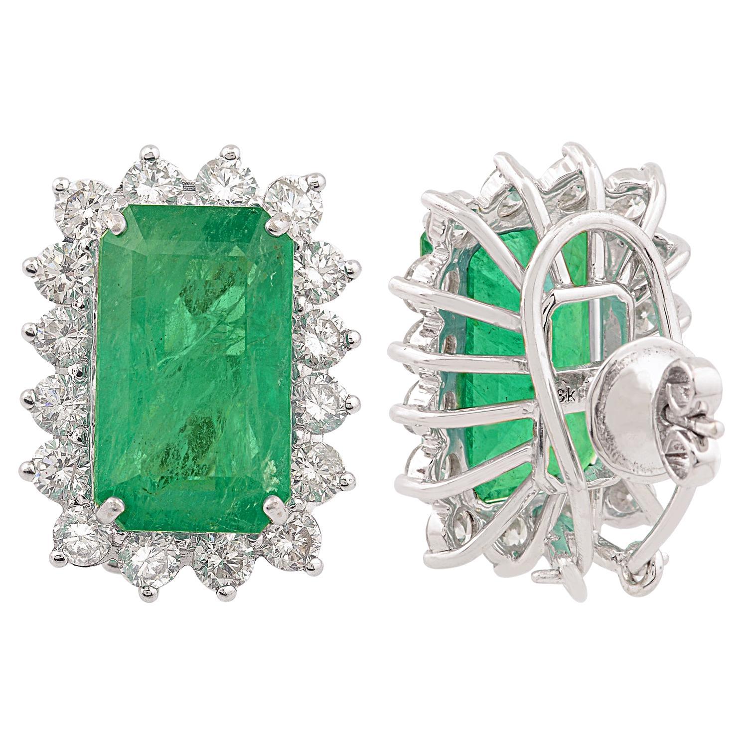 Natural Emerald Gemstone Stud Earrings Diamond 14k White Gold Handmade Jewelry For Sale
