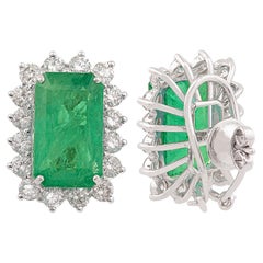 Natural Emerald Gemstone Stud Earrings Diamond 14k White Gold Handmade Jewelry