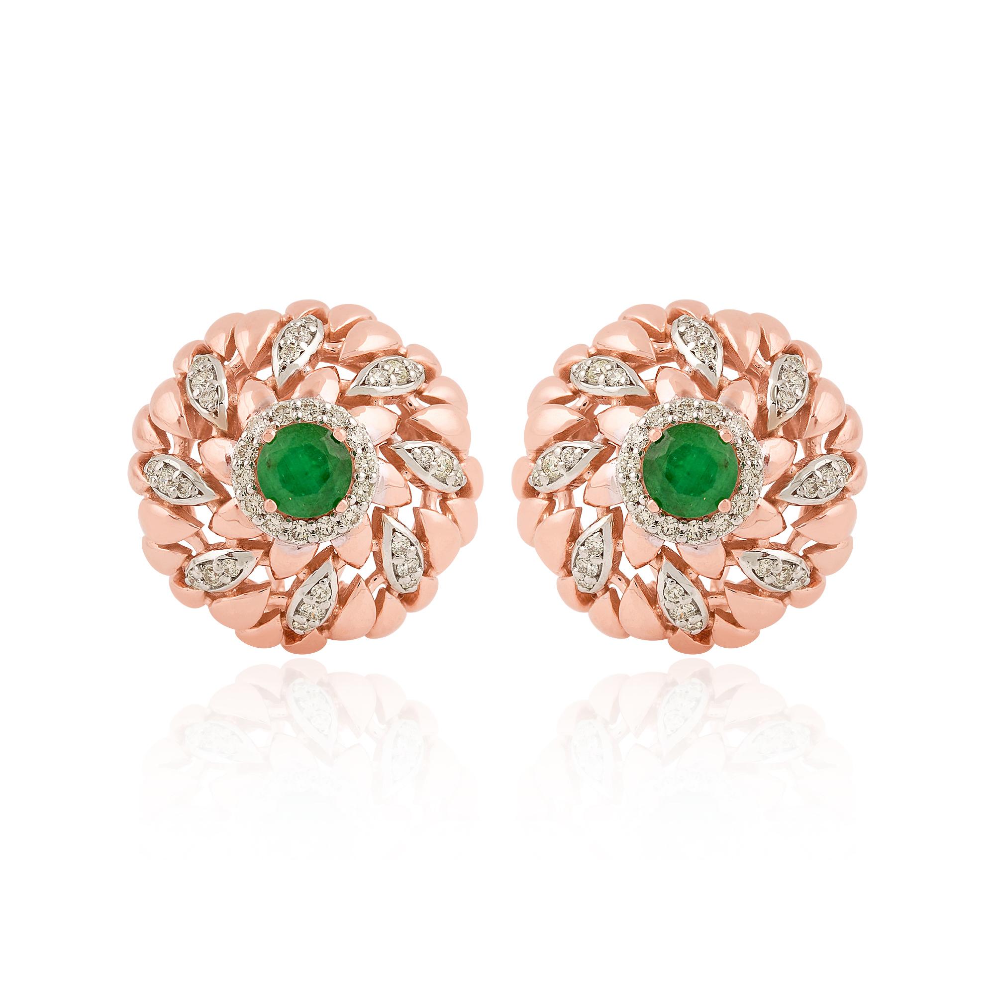 Modern Natural Emerald Gemstone Stud Earrings Diamond Pave Solid 14k Rose Gold Jewelry For Sale