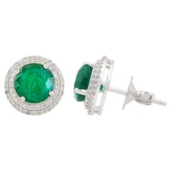 Natural Emerald Gemstone Stud Earrings Diamond Pave Solid 14k White Gold Jewelry