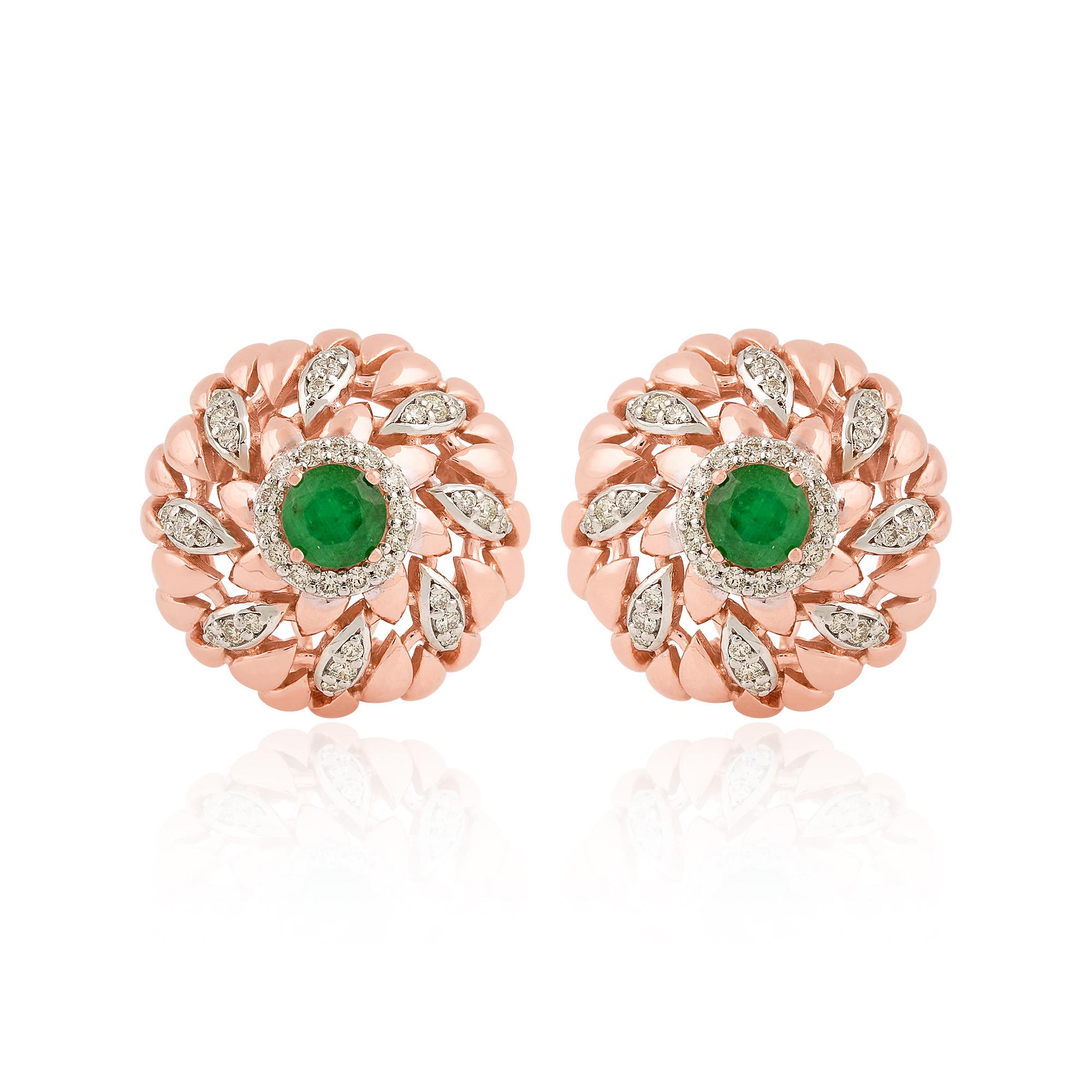 Modern Natural Emerald Gemstone Stud Earrings Diamond Pave Solid 18k Rose Gold Jewelry For Sale