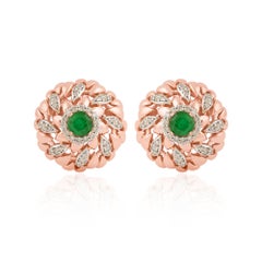 18k Rose Gold Natural Emerald Gemstone Stud Earrings with Pave Diamond Jewelry