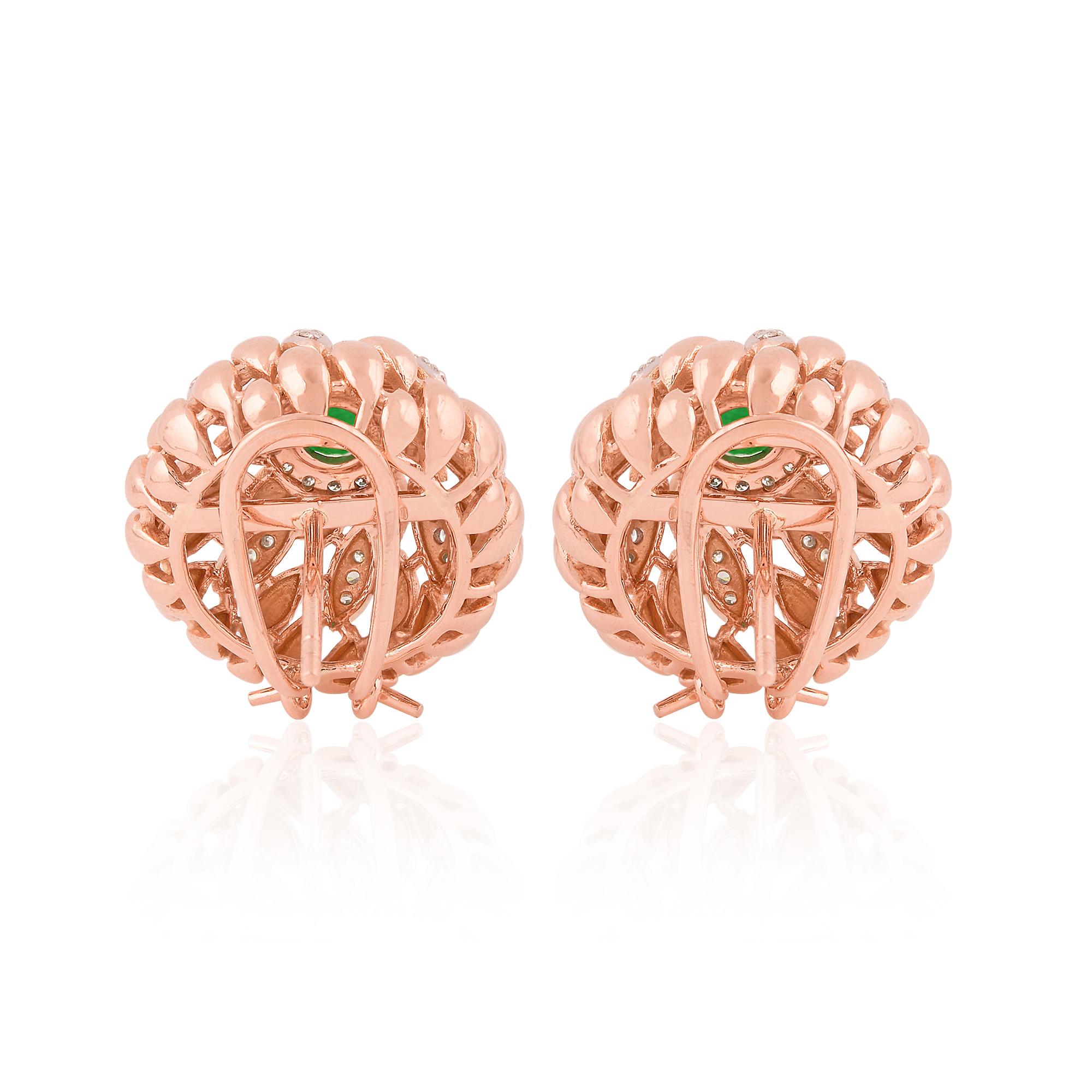 Natural Emerald Gemstone Stud Earrings Diamond Pave Solid 18k Rose Gold Jewelry In New Condition For Sale In Diera, Dubai