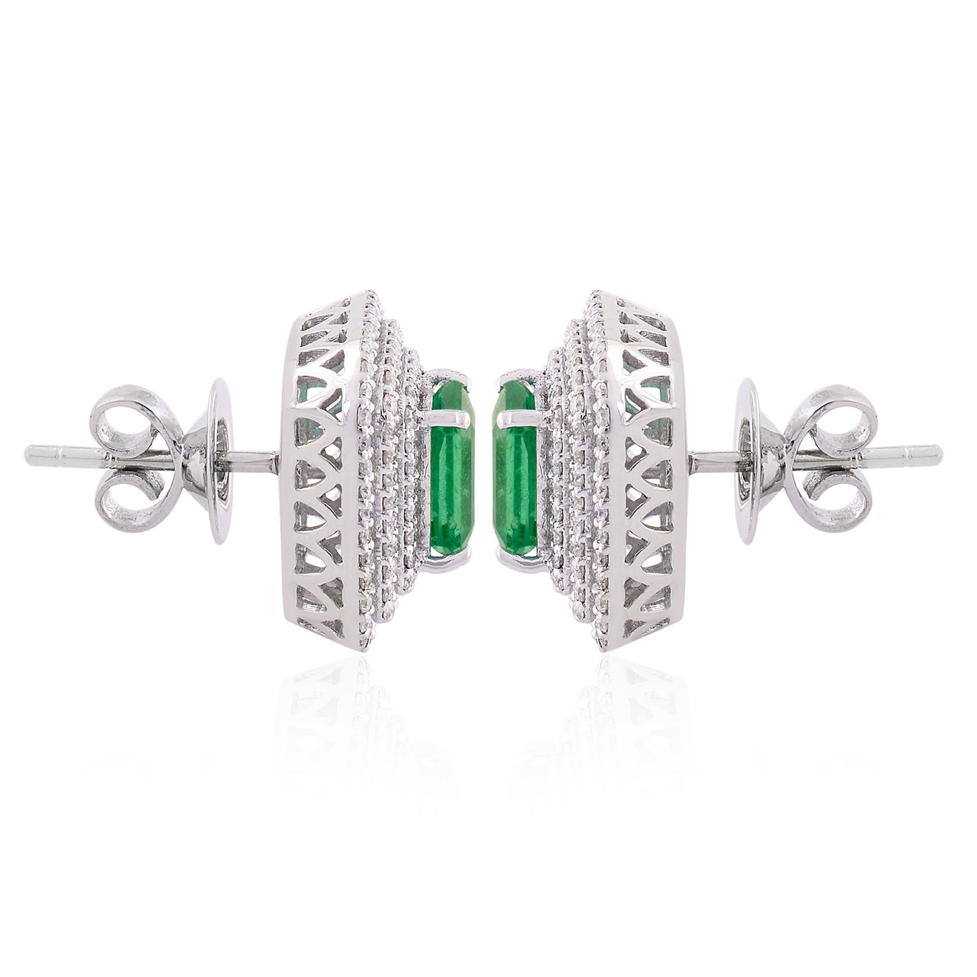 Women's Natural Emerald Gemstone Stud Earrings Diamond Pave Solid 18k White Gold Jewelry For Sale