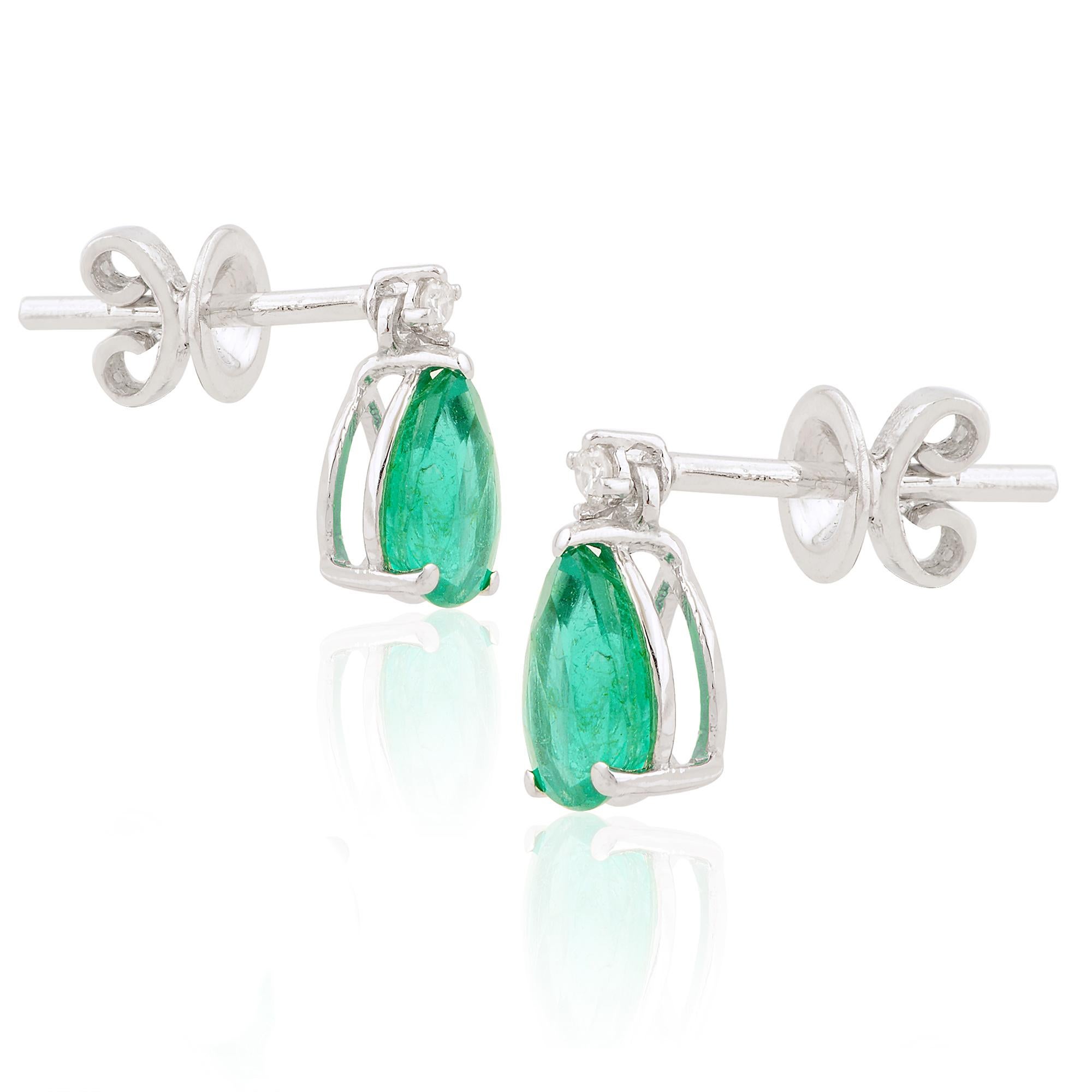 Women's Natural Zambian Emerald Gemstone Stud Earrings Diamond 10k White Gold Jewelry For Sale