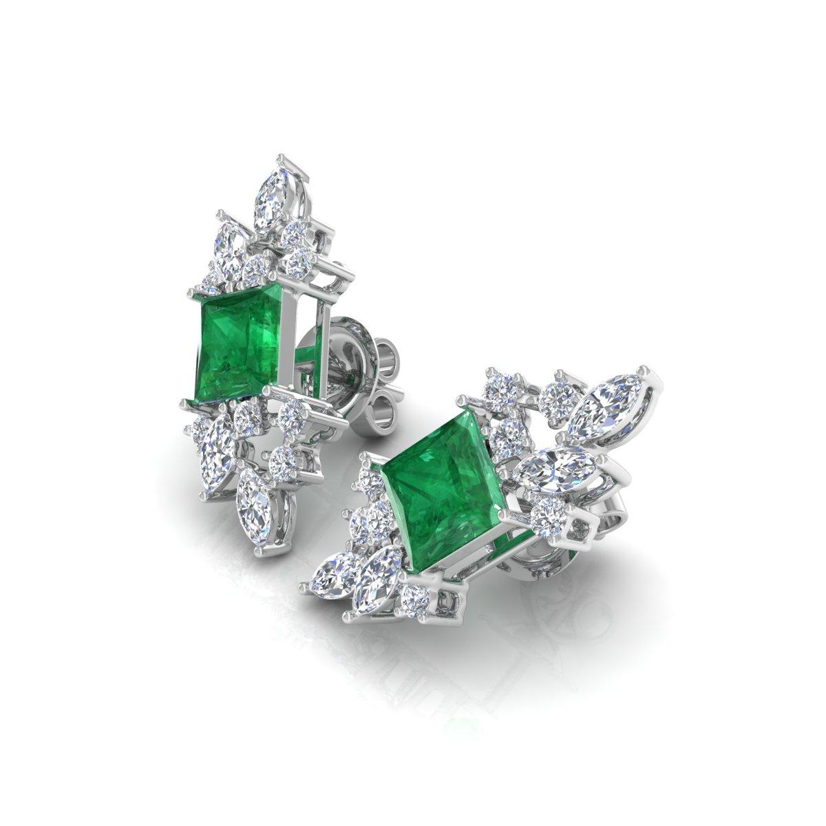 Asscher Cut Natural Emerald Gemstone Stud Earrings Diamond Solid 14k White Gold Fine Jewelry For Sale