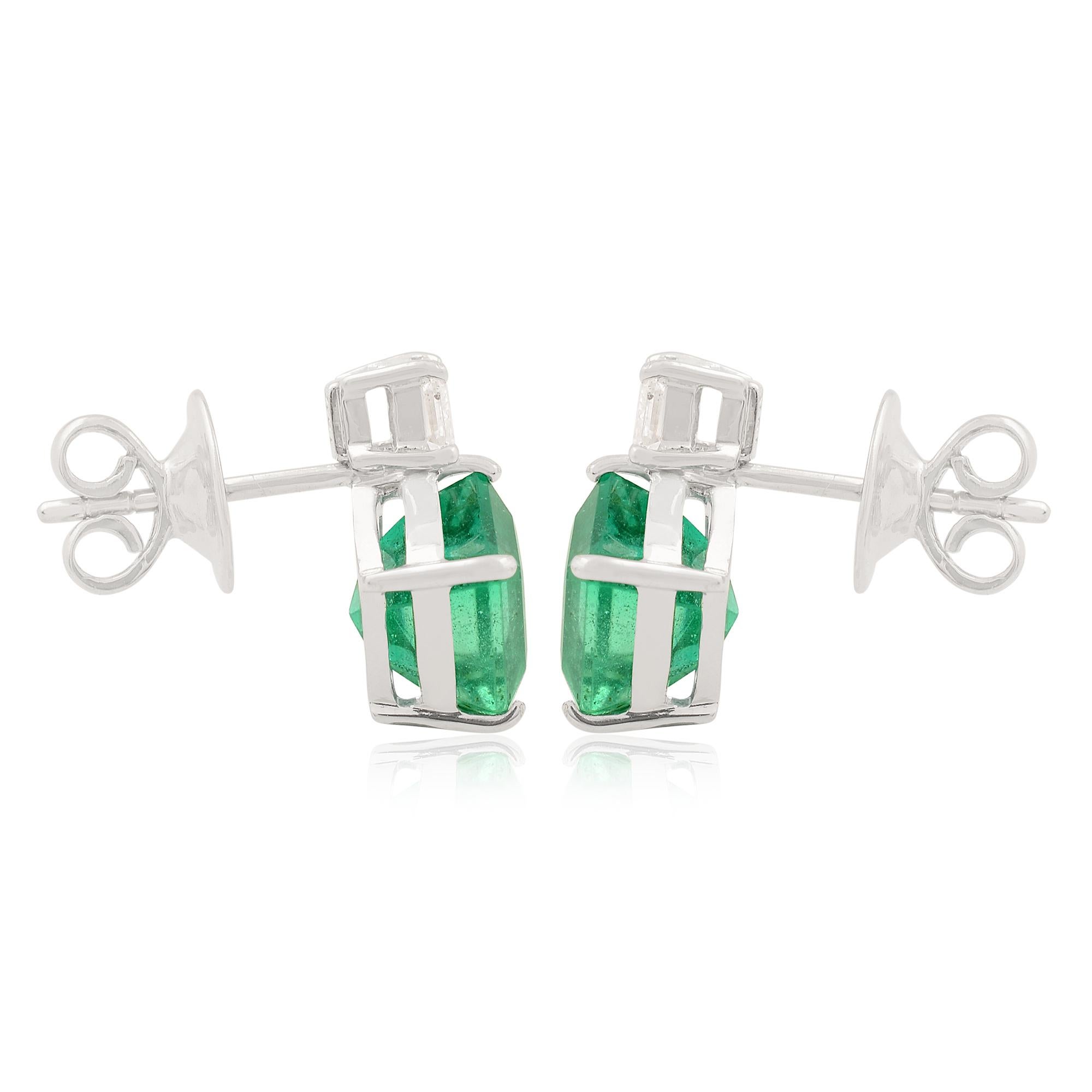 Women's Natural Emerald Gemstone Stud Earrings Diamond Solid 14k White Gold Fine Jewelry For Sale