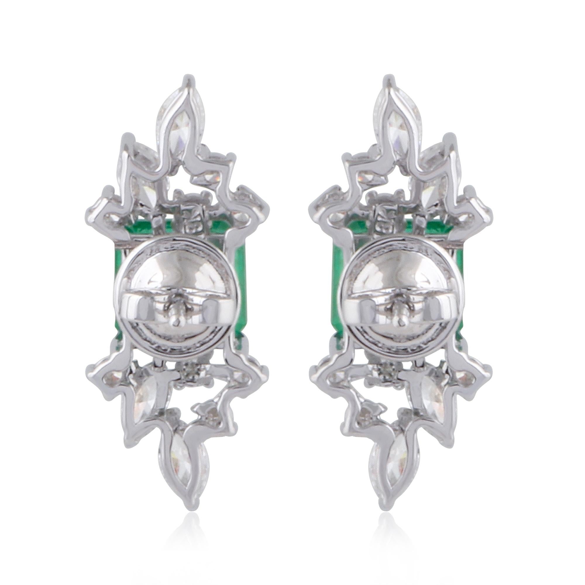 Women's Natural Emerald Gemstone Stud Earrings Diamond Solid 14k White Gold Fine Jewelry For Sale