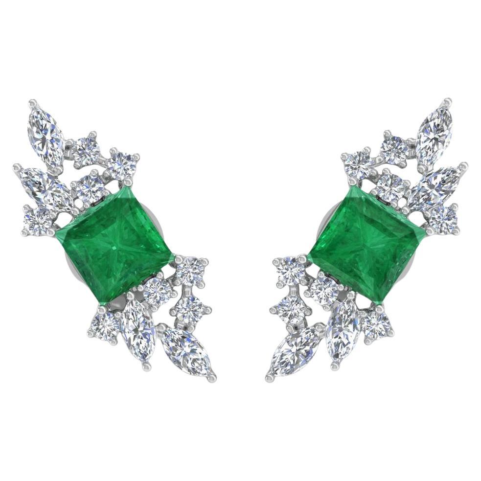 Natural Emerald Gemstone Stud Earrings Diamond Solid 14k White Gold Fine Jewelry