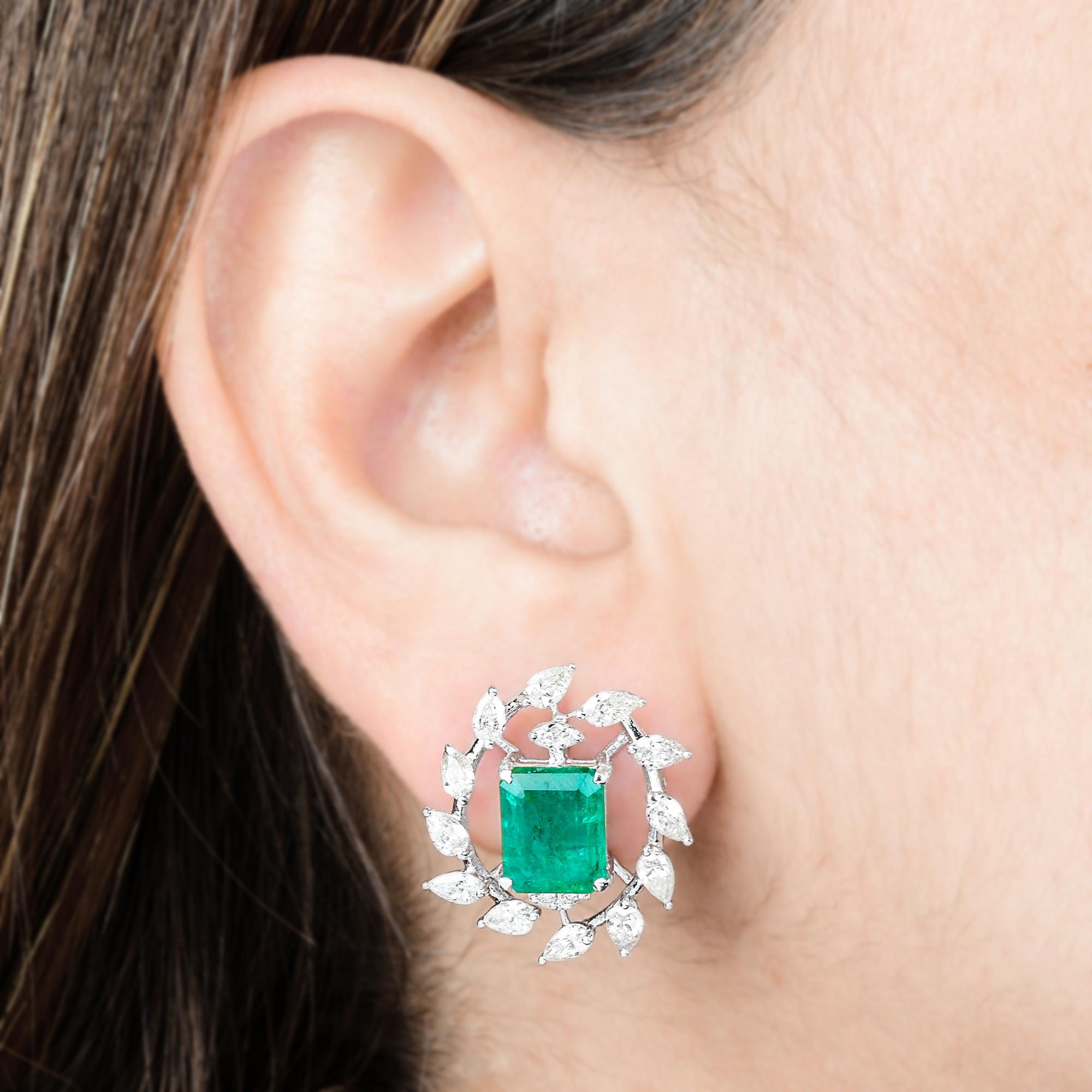 Modern Natural Emerald Gemstone Stud Earrings Pear Diamond 18 Karat White Gold Jewelry For Sale