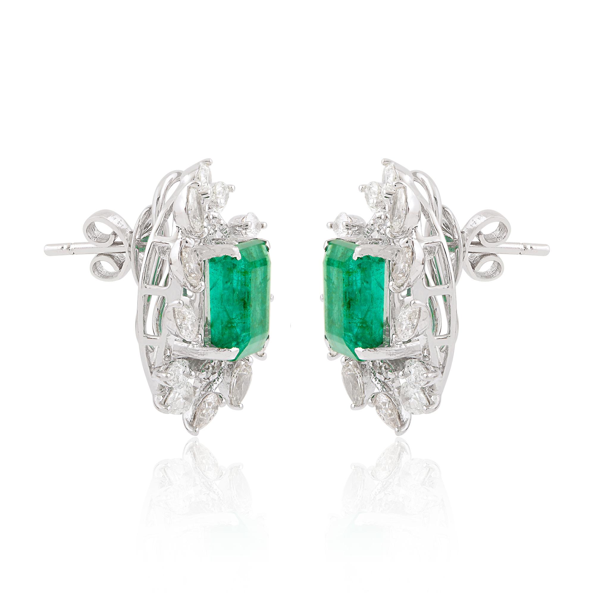 Women's Natural Emerald Gemstone Stud Earrings Pear Diamond 18 Karat White Gold Jewelry For Sale
