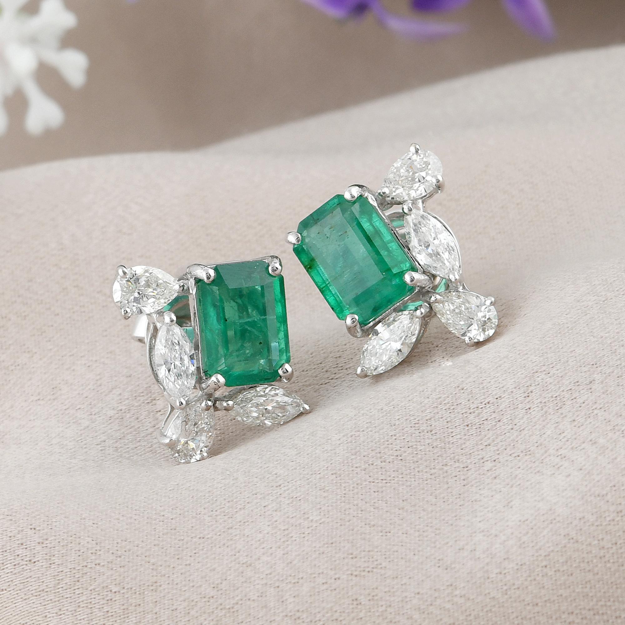 Modern Natural Emerald Gemstone Stud Earrings Pear Marquise Diamond 14 Karat White Gold For Sale
