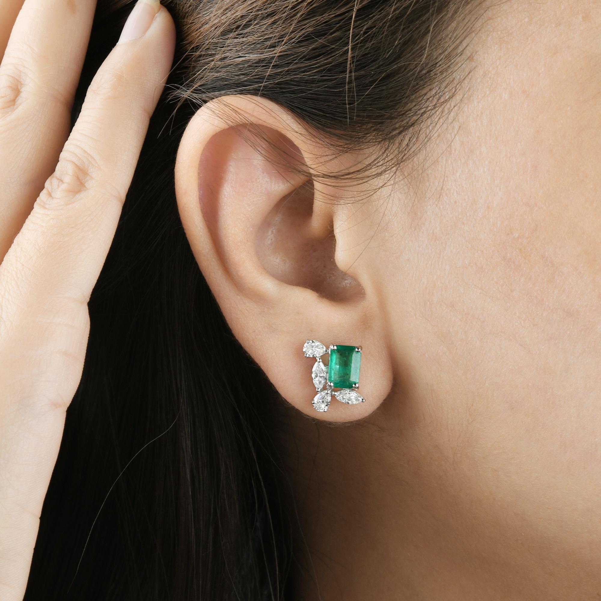 Pear Cut Natural Emerald Gemstone Stud Earrings Pear Marquise Diamond 14 Karat White Gold For Sale