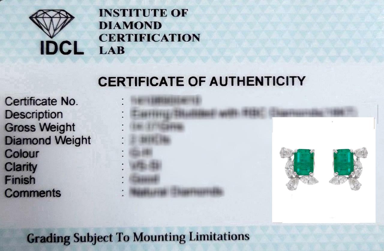 Natural Emerald Gemstone Stud Earrings Pear Marquise Diamond 14 Karat White Gold For Sale 2