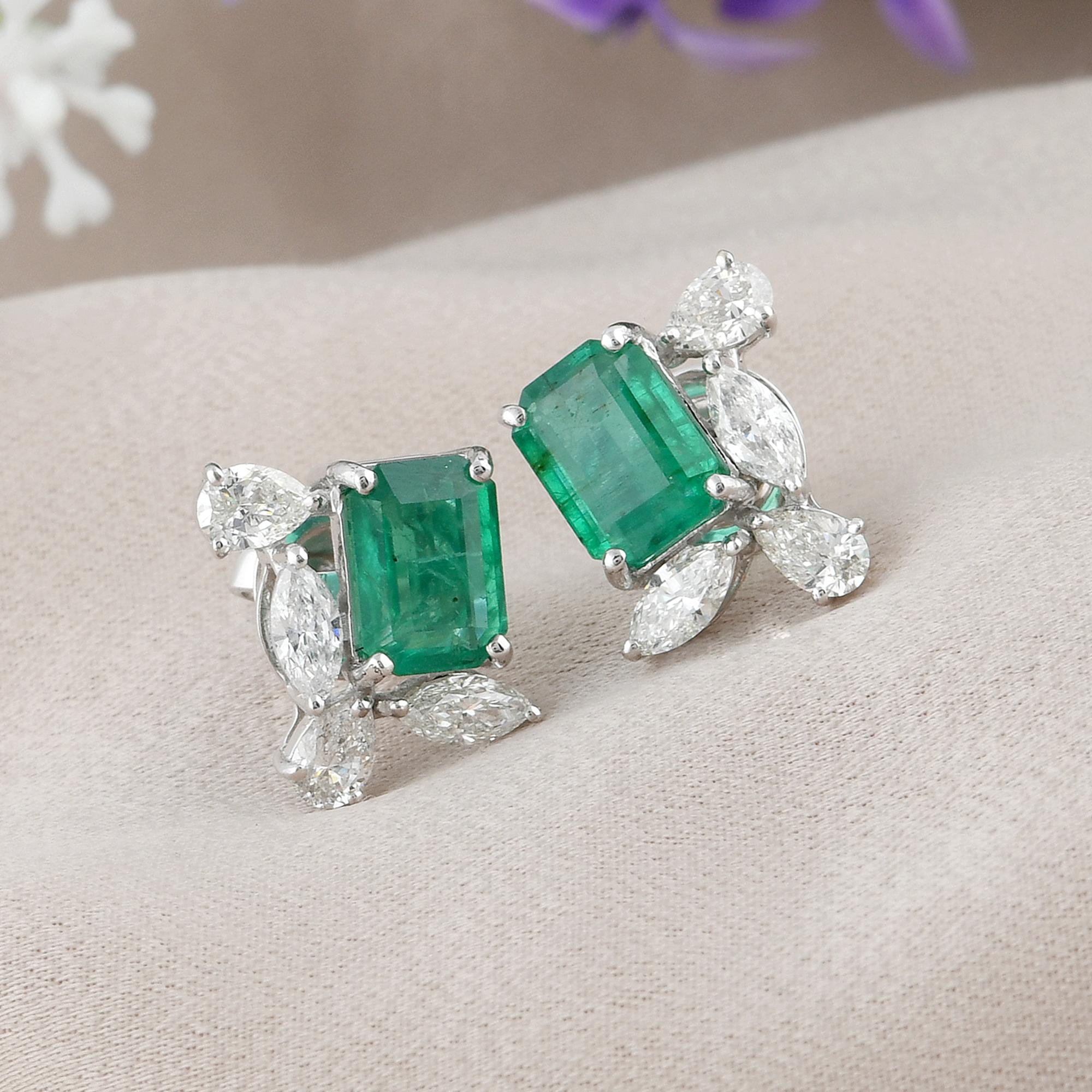 Modern Natural Emerald Gemstone Stud Earrings Pear Marquise Diamond 18 Karat White Gold For Sale