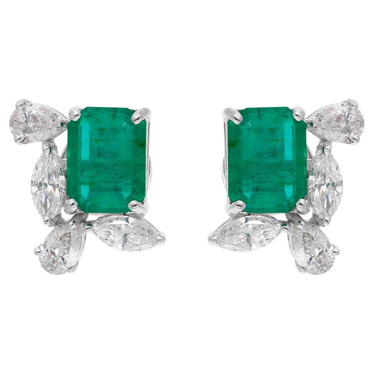 Natural Emerald Gemstone Stud Earrings Pear Marquise Diamond 18 Karat White Gold For Sale