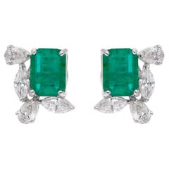 Natural Emerald Gemstone Stud Earrings Pear Marquise Diamond 18 Karat White Gold