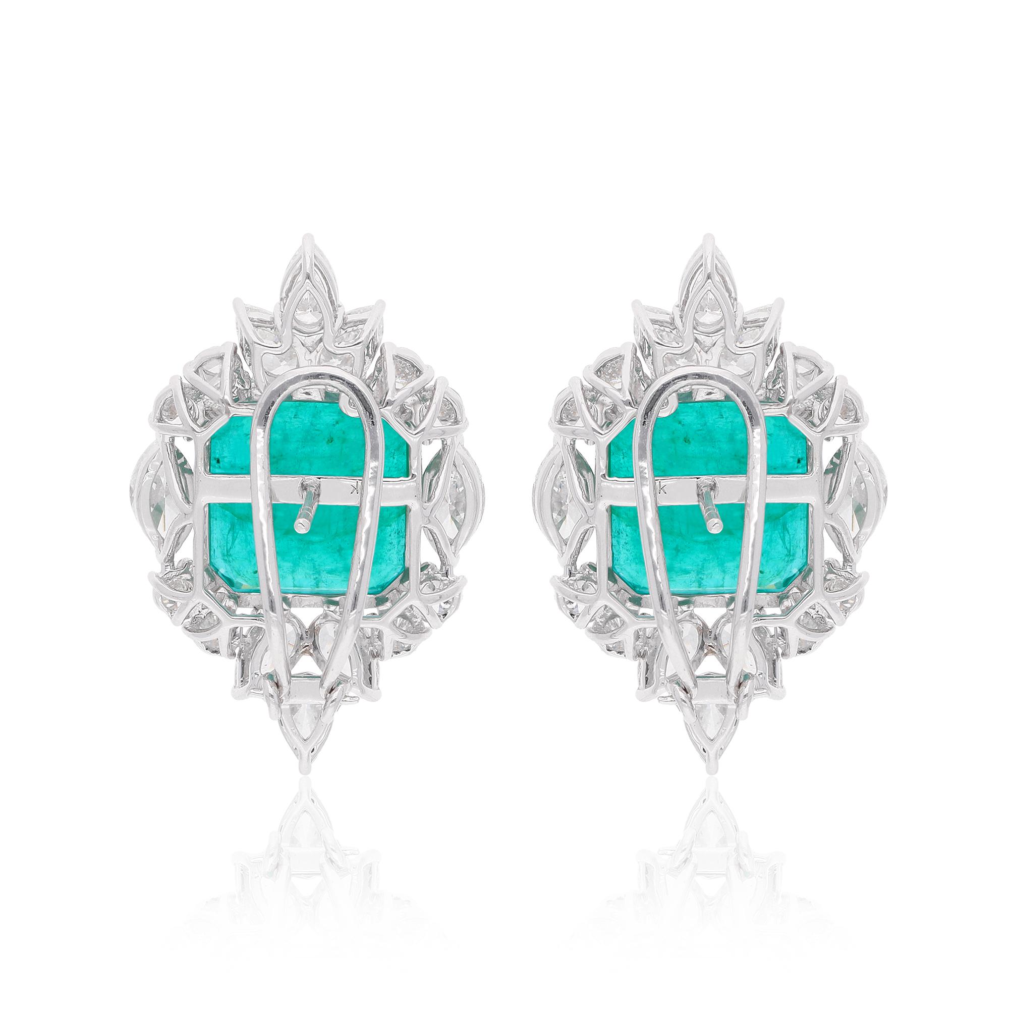 Women's Natural Emerald Gemstone Stud Earrings Pear Round Diamond 18 Karat White Gold For Sale