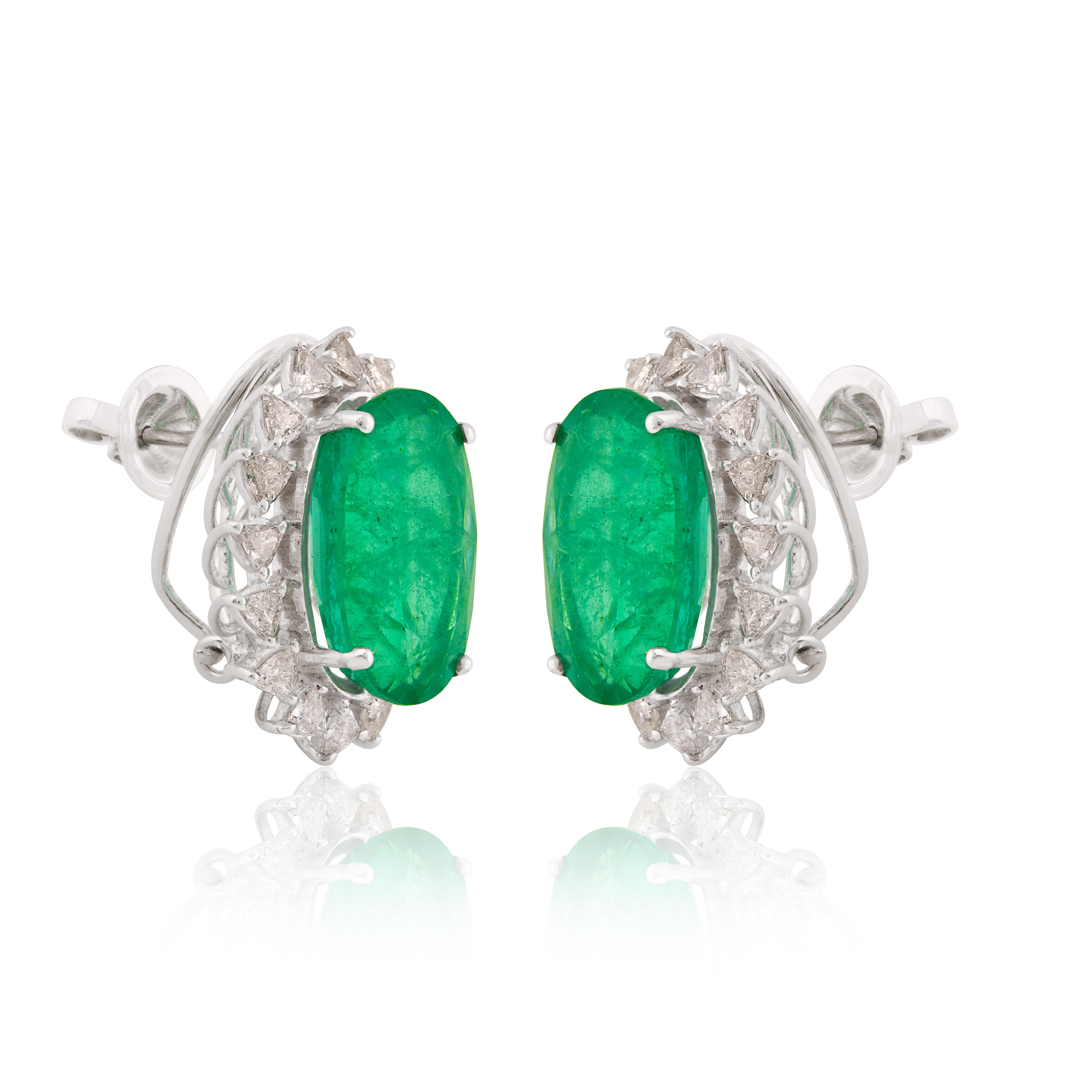 Oval Cut Real Zambian Emerald Gemstone Trillion Diamond Earrings 14k White Gold Jewelry For Sale
