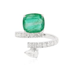 Nature Emerald Gemstone Wrap Ring Engagement Diamond 14k White Gold Jewelry