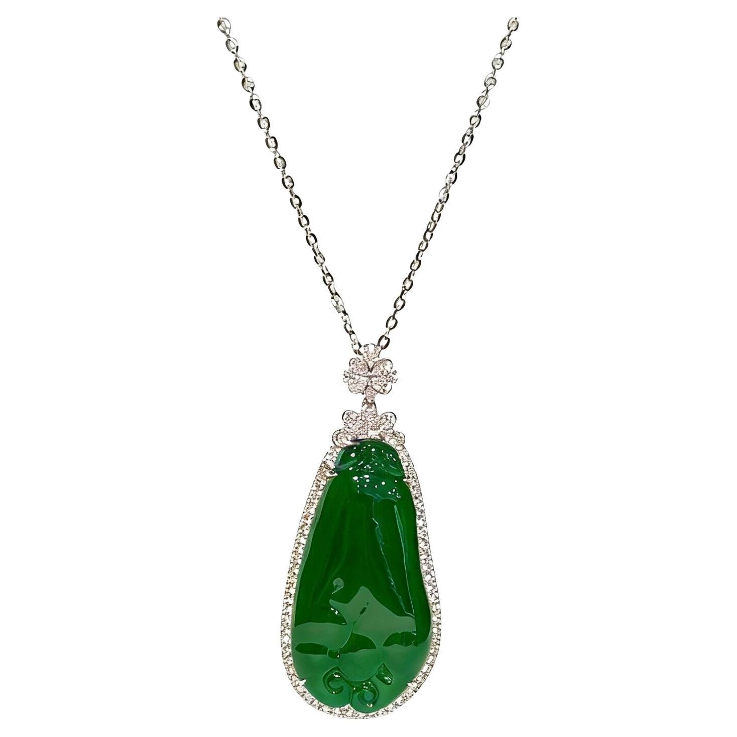 Natural Emerald Green Jadeite and Diamond Pendant in 18K Gold