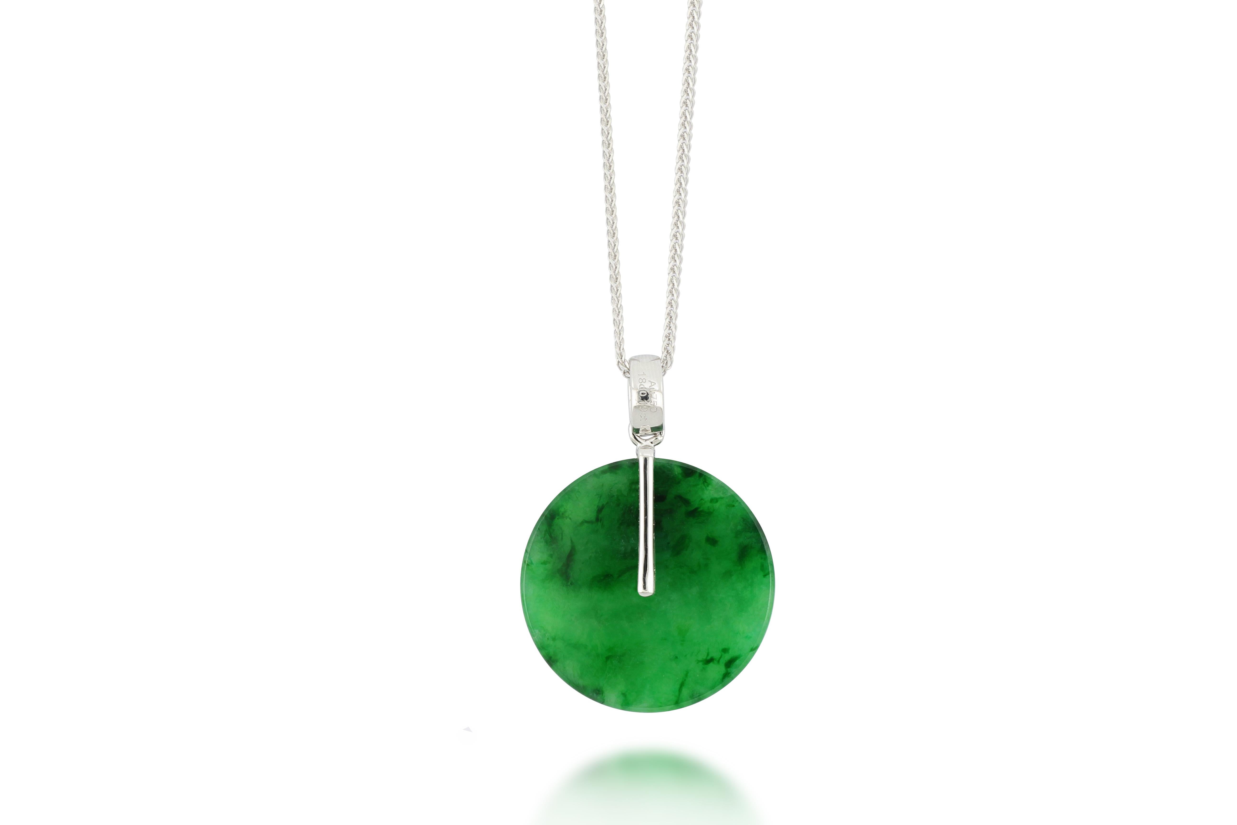 Contemporary Natural Emerald Green Jadeite and Diamond Pendant in 18K Gold with Necklace For Sale