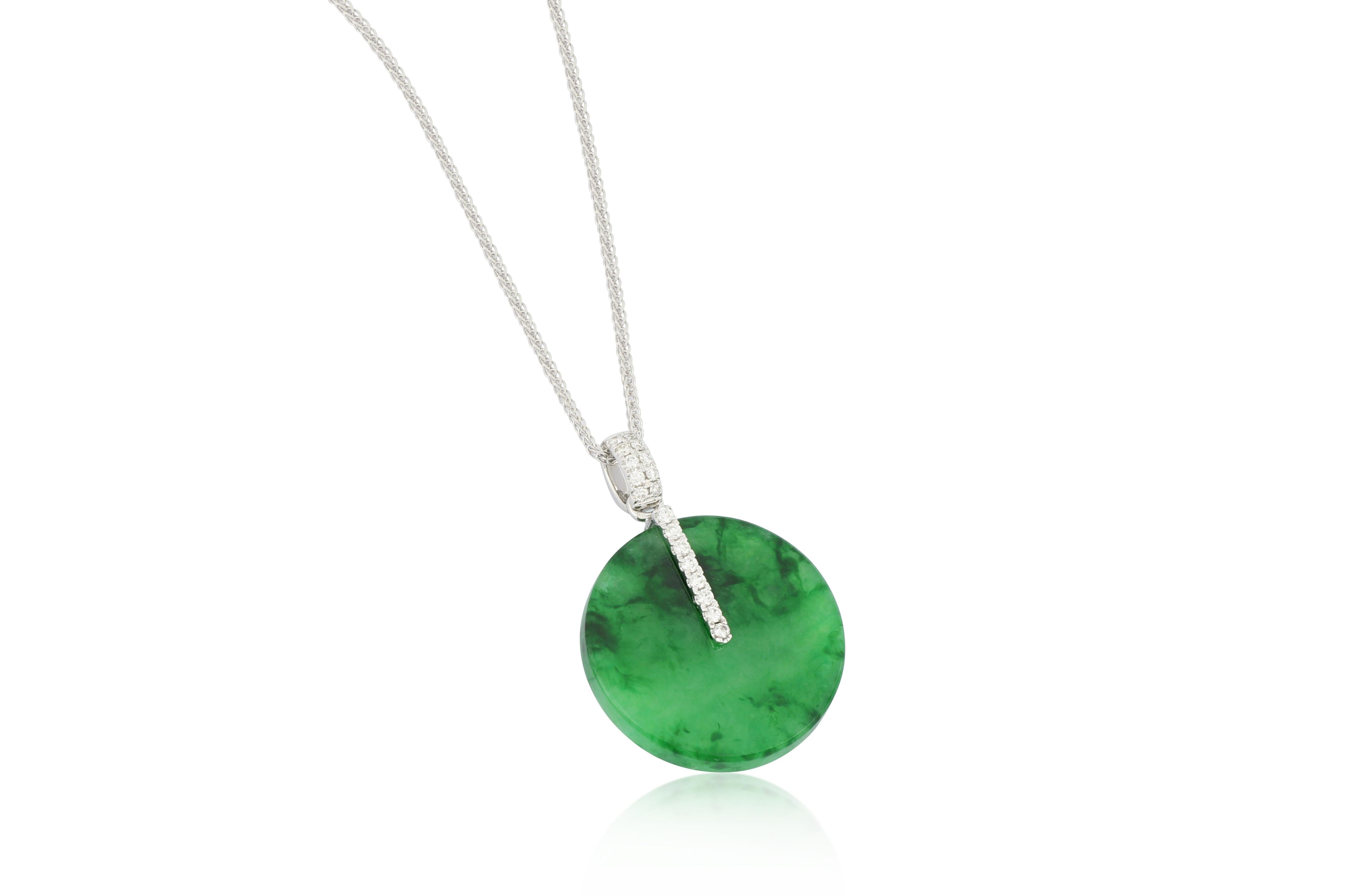 Brilliant Cut Natural Emerald Green Jadeite and Diamond Pendant in 18K Gold with Necklace For Sale