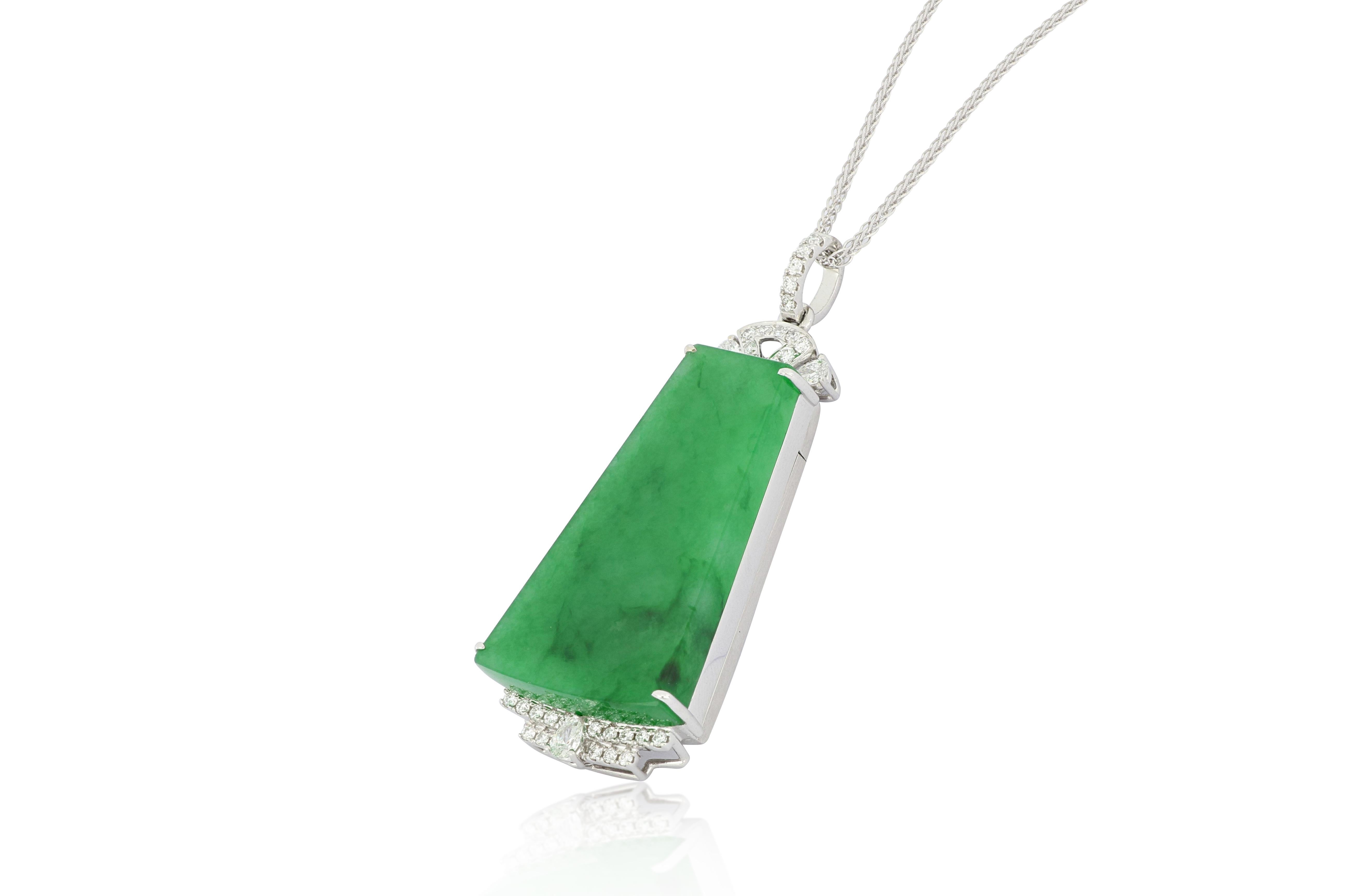 Contemporary Natural Bright Green Jadeite and Diamond Pendant in 18K Gold with Necklace For Sale