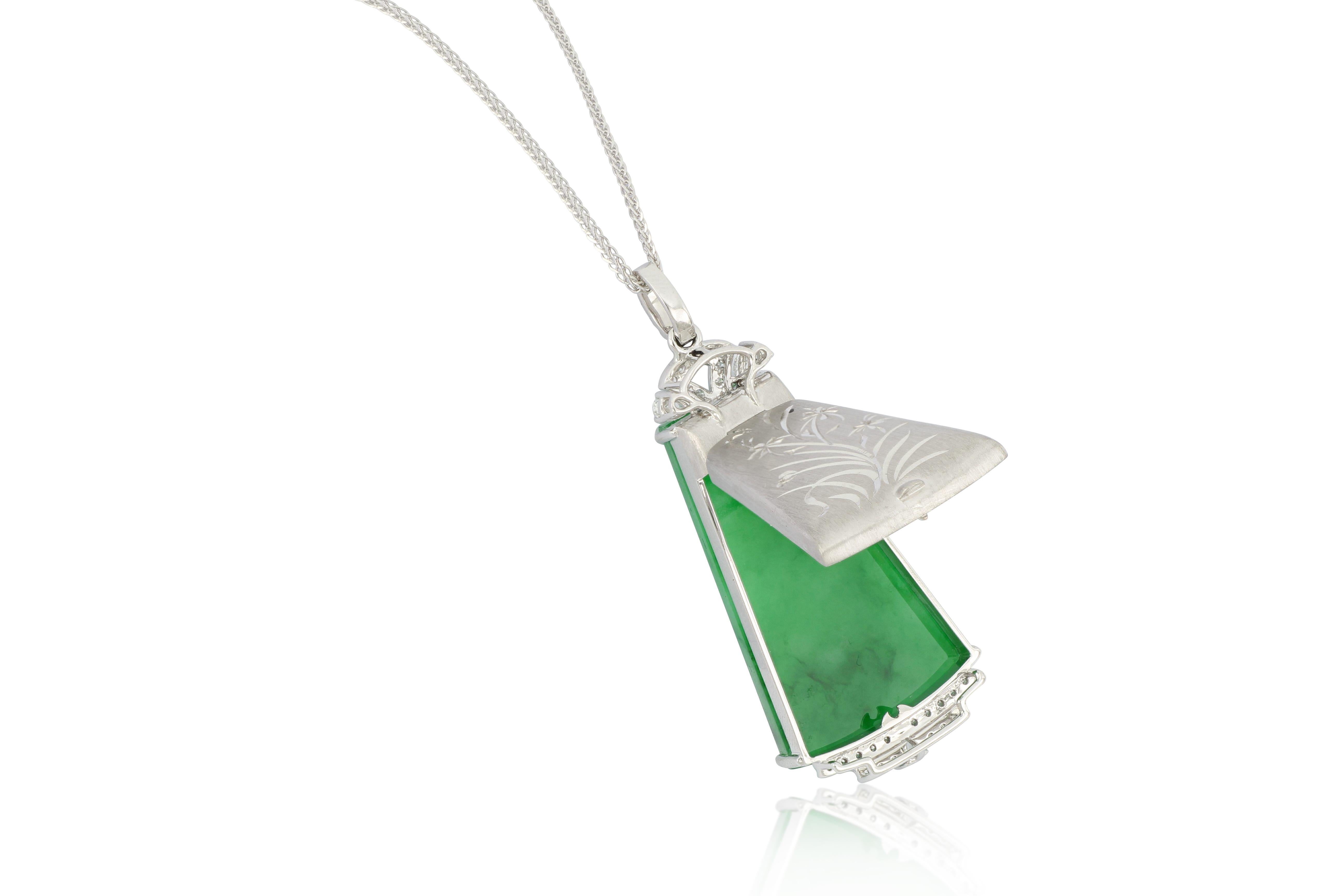 Women's or Men's Natural Bright Green Jadeite and Diamond Pendant in 18K Gold with Necklace For Sale