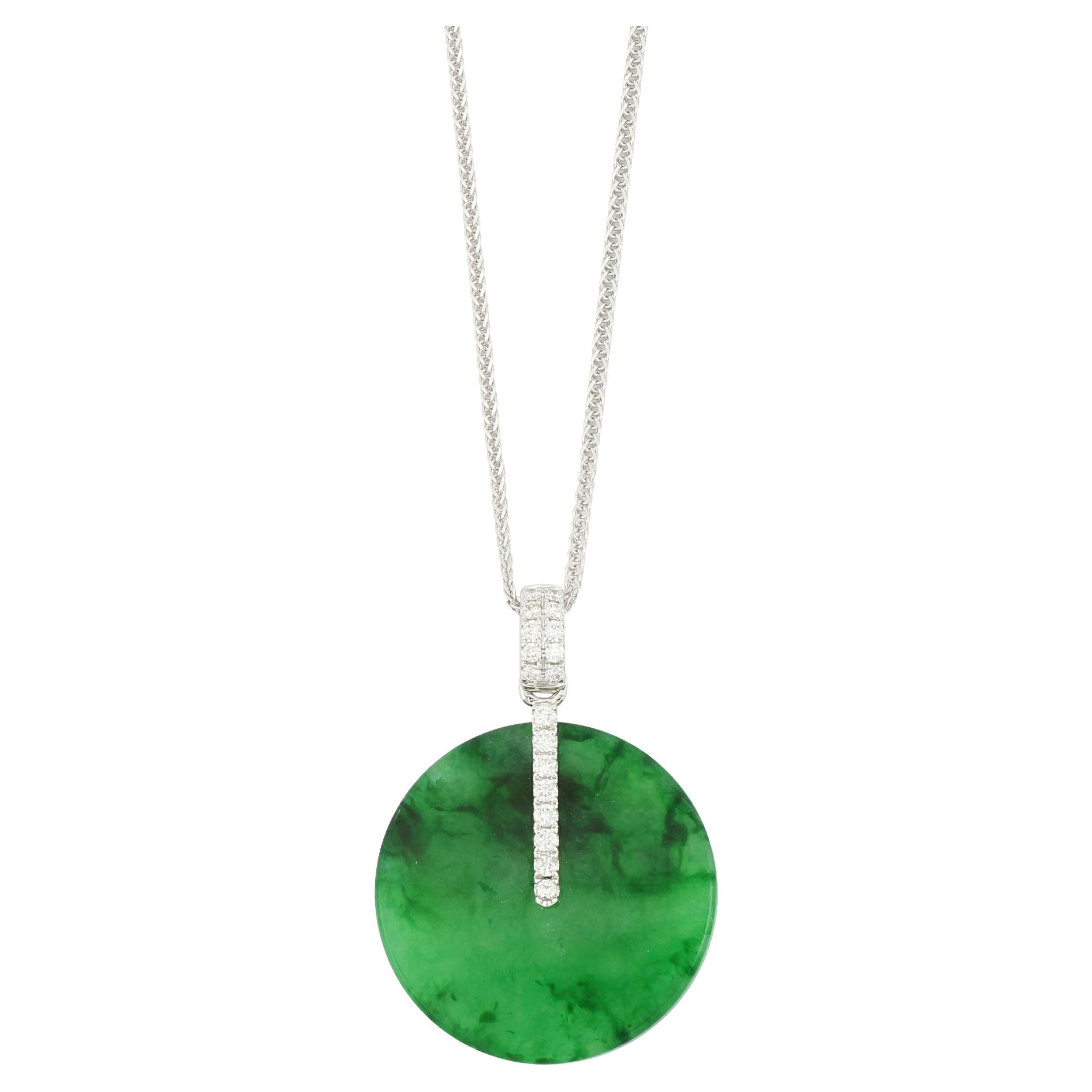 Natural Emerald Green Jadeite and Diamond Pendant in 18K Gold with Necklace