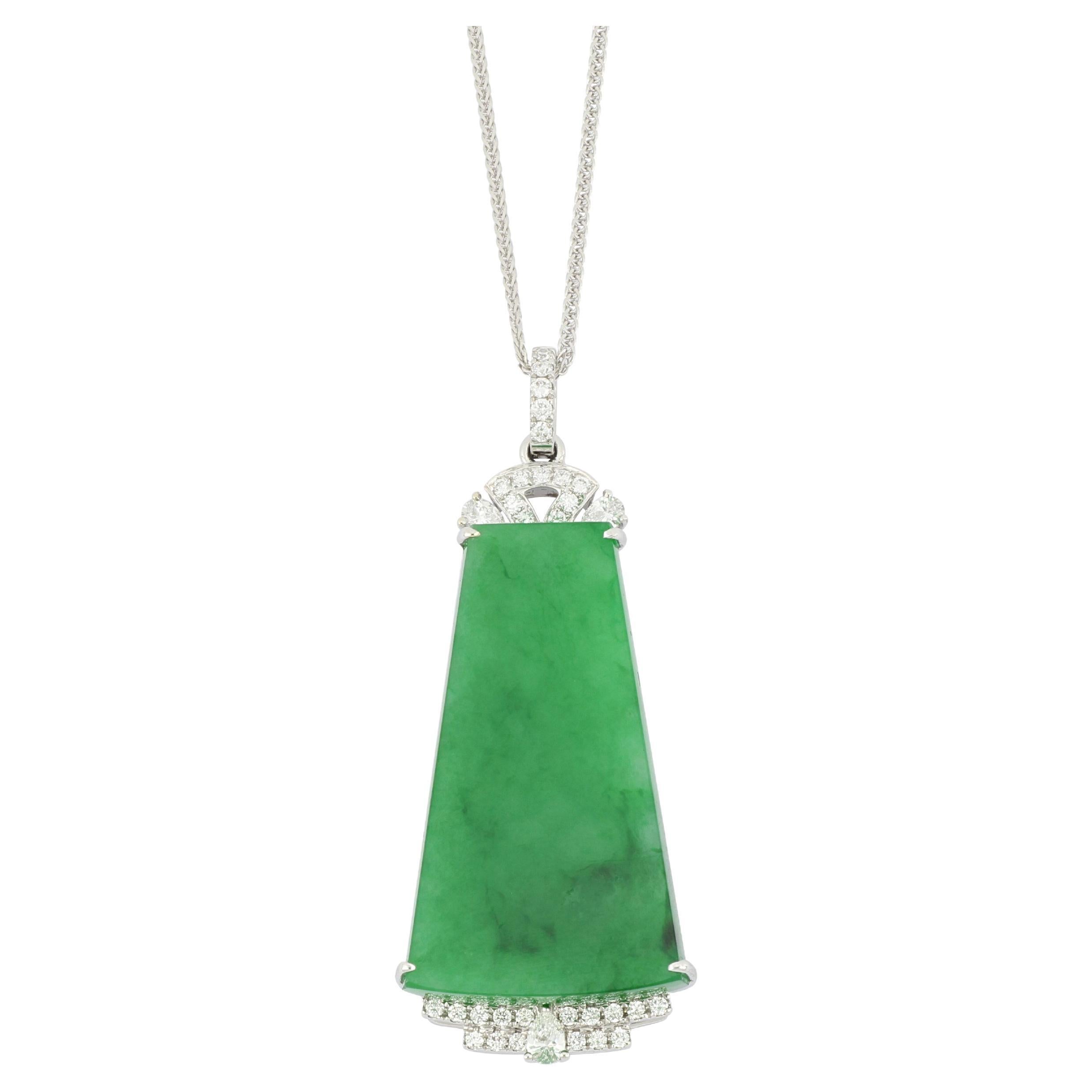 Natural Bright Green Jadeite and Diamond Pendant in 18K Gold with Necklace For Sale