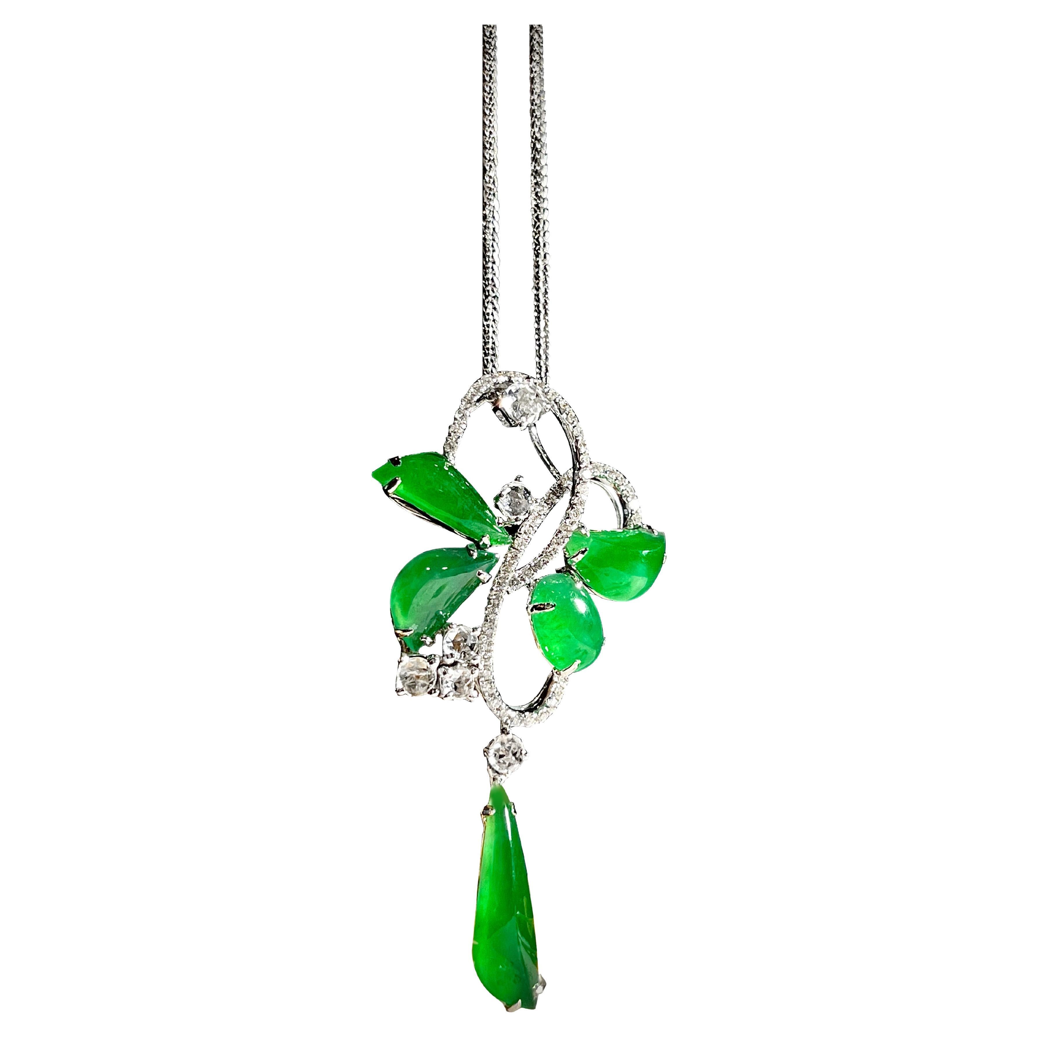 Natural Emerald Green Jadeite and Diamond Pendant in 18K Gold with Necklace