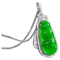Natural Emerald Green Jadeite Peapod and Diamond Pendant in 18K Gold