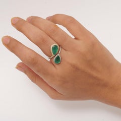 4.27 Carat Natural Pear Emerald & Diamond Bypass Halo Ring, 14k White Gold
