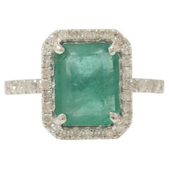 Natural Emerald Halo Diamond Gemstone Bridal Ring in 14k Solid Gold (Certified)