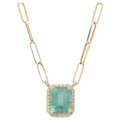 Natural Emerald Halo Diamond Stacking Necklace in 14K Solid Gold (Certified)