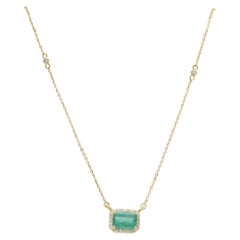 Natural Emerald Halo Diamond Station Necklace in 14K Solid Gold (Certified) Natural Emerald Halo Diamond Station Necklace in 14K Solid Gold (Certified)