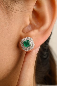 Natural Emerald Halo Diamond Stud Earrings for Women in 14k Solid White Gold