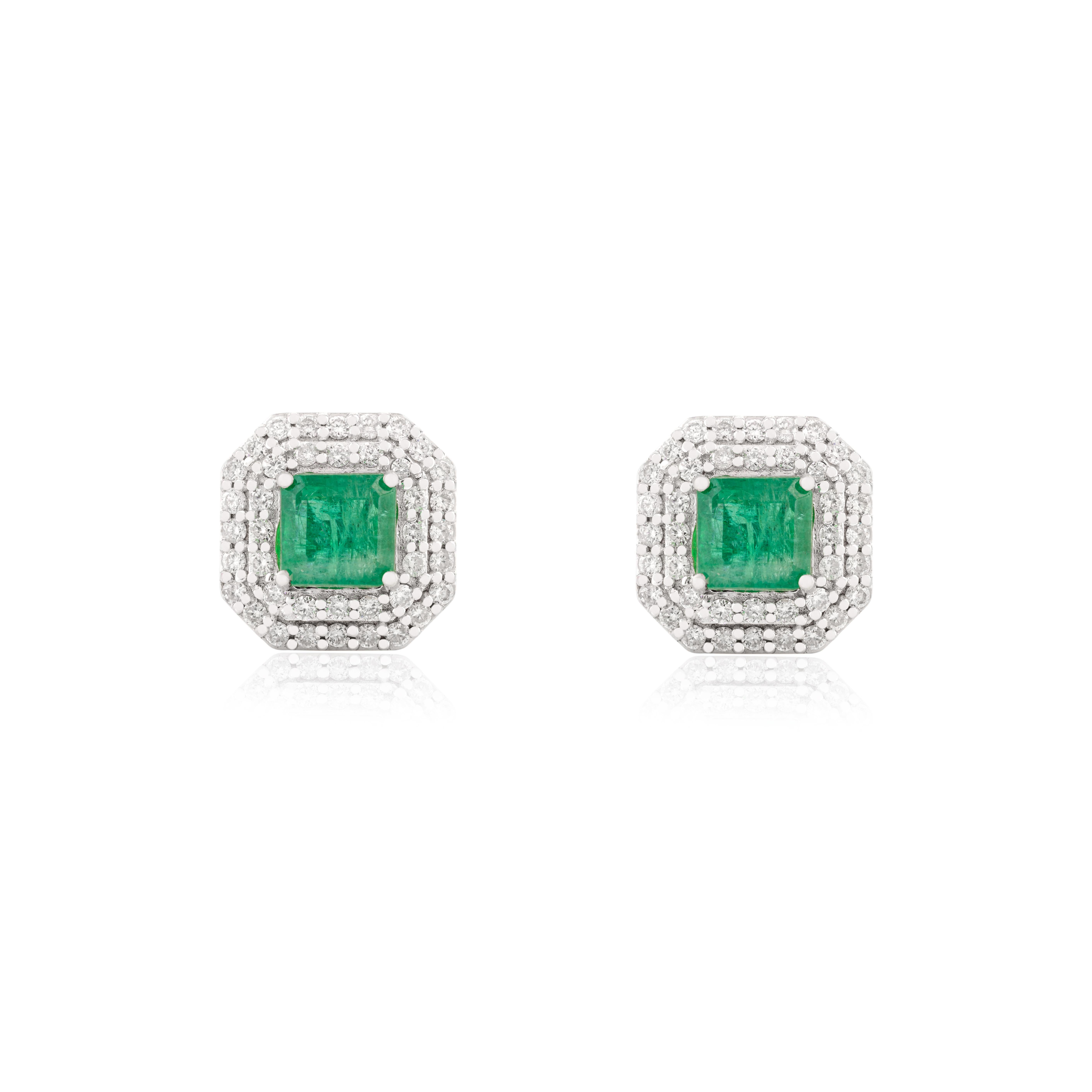 Art Déco Orecchini a perno con diamante a forma di smeraldo naturale per donna in oro bianco massiccio 14k in vendita
